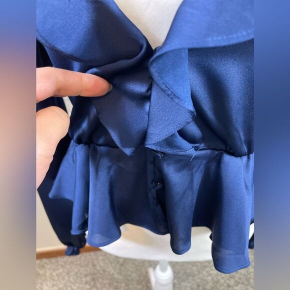 For Love and Lemons 🍋 Blue Satin Better Open Back Ruffle Blouse Size S - Picture 6 of 11